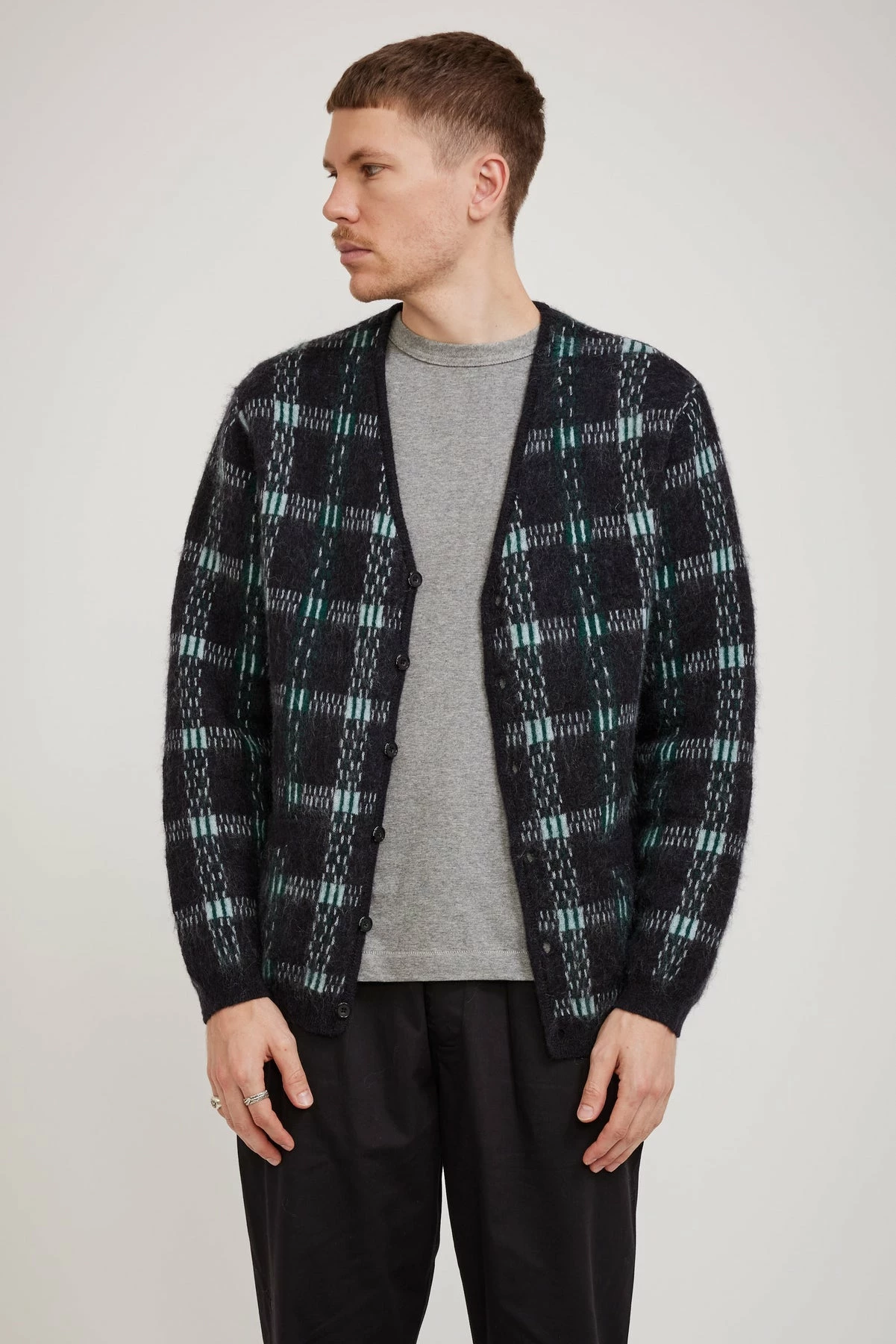 Check Jacquard Mohair Cardigan Black