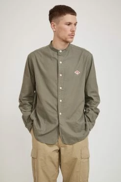 Band Collar Shirt L/S Olive Chambray