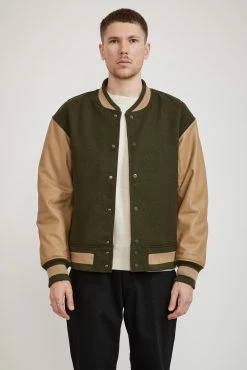Cowhide Leather Varsity Jacket Olive