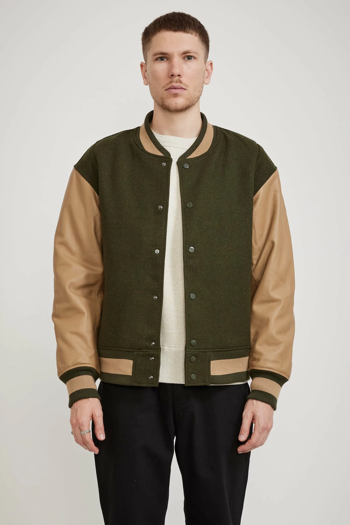 Cowhide Leather Varsity Jacket Olive