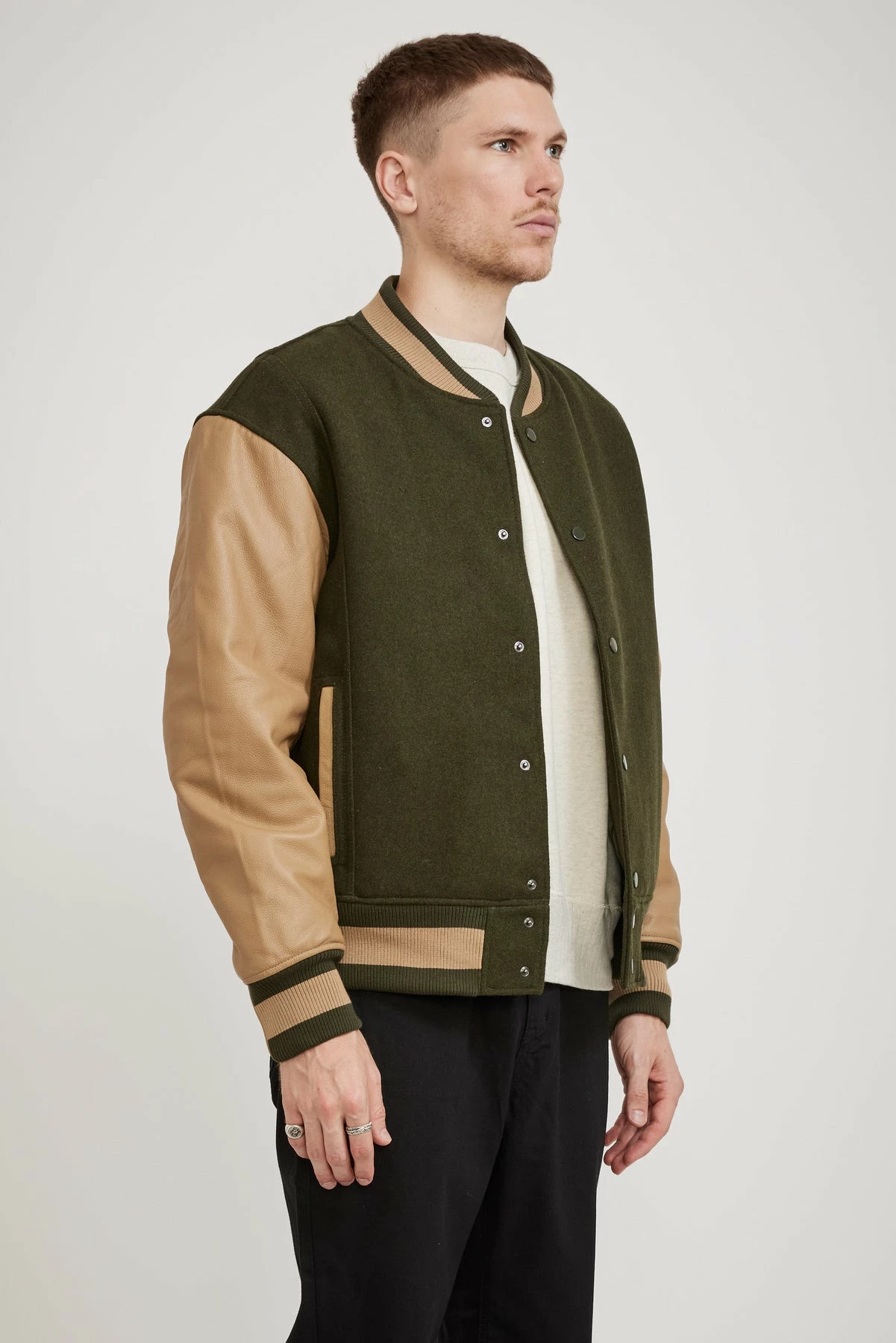 Cowhide Leather Varsity Jacket Olive - Image 3