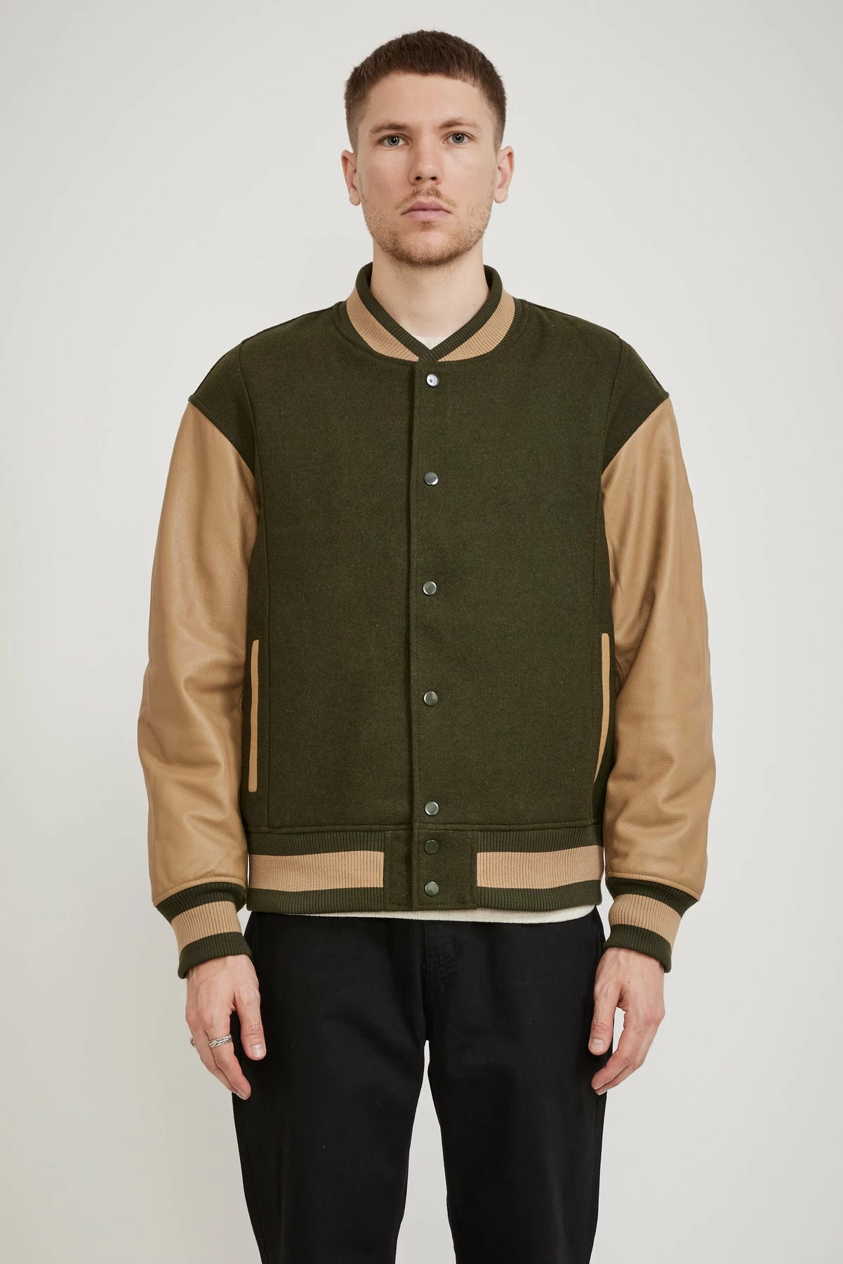Cowhide Leather Varsity Jacket Olive - Image 5