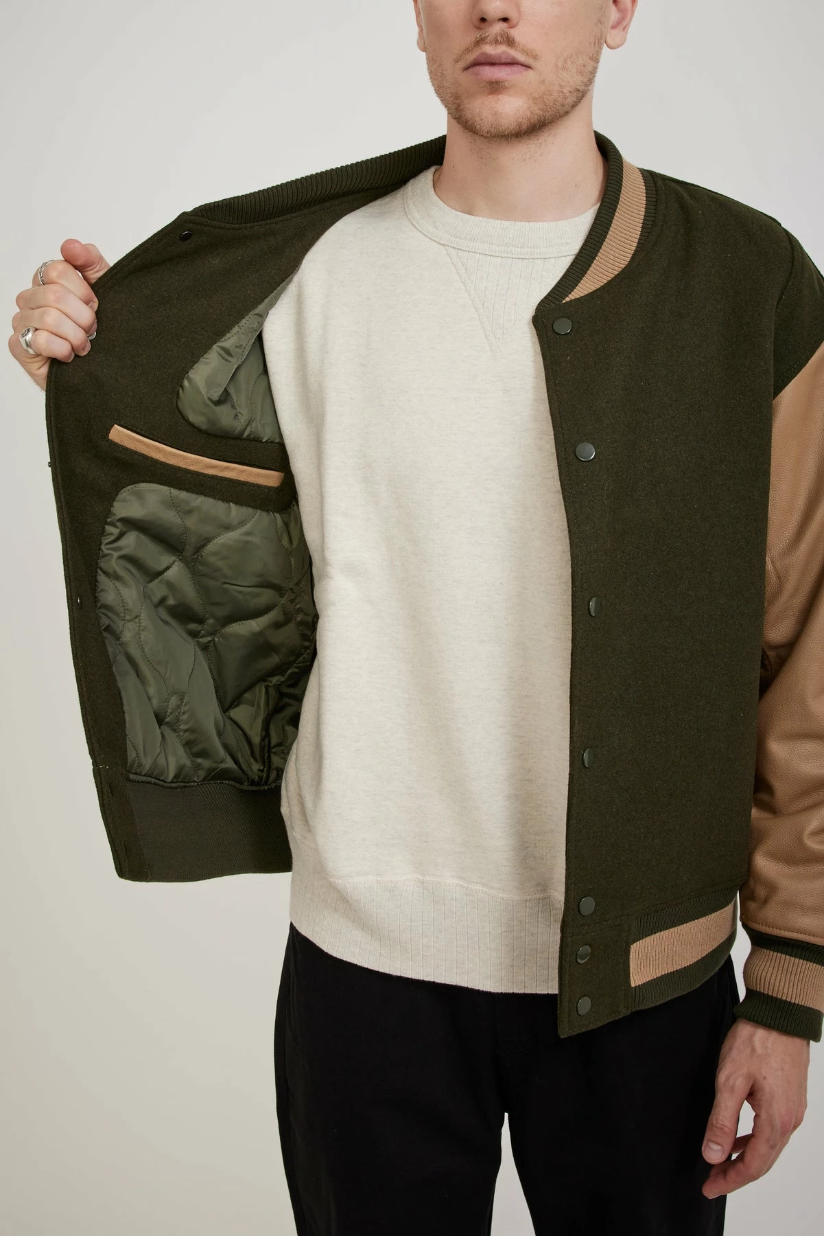 Cowhide Leather Varsity Jacket Olive - Image 6